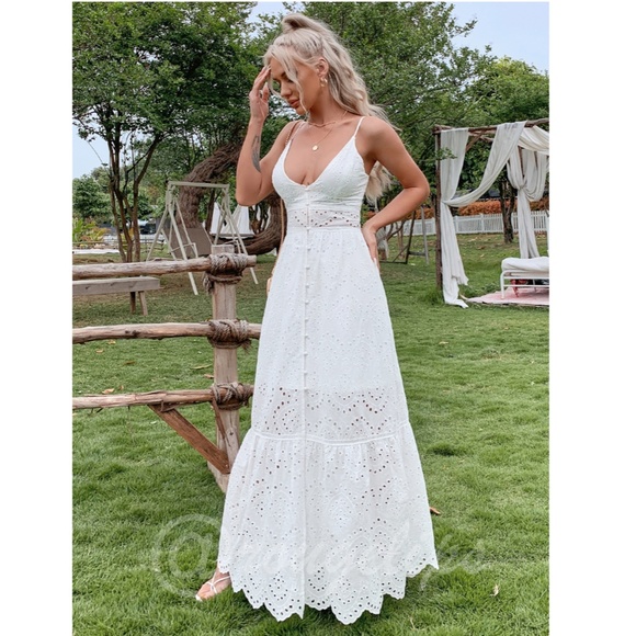 Boho V-Neck Long White Fit & Flared Cami Dress - Picture 6 of 15